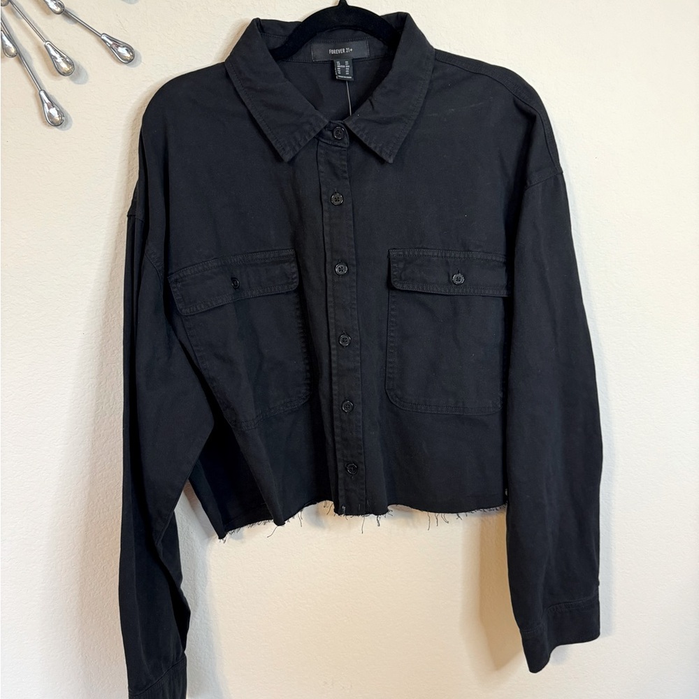 Cropped Black Cotton Raw-Cut Long Sleeve Shirt Jacket Top size 2X NWT - Picture 5 of 7